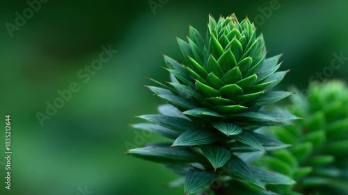 Close Up Of Fresh Bright Green Araucaria Branch With Needles Under Soft Natural Light Against A Blurry Green Background Creating A Peaceful And Natural Aesthetic