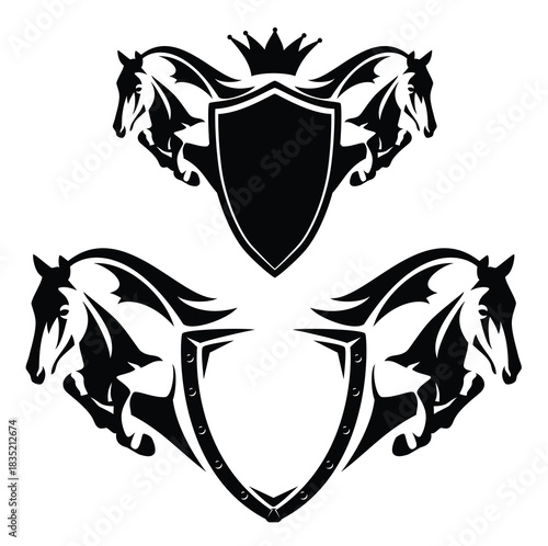 jumping forward horse head and front legs with simple heraldic shield and royal crown - horseback riding or breeding black and white vector emblem design
