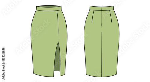 Technical Drawing of a Slit Pencil Skirt Showing Front and Back Views in Light Green Minimal Style