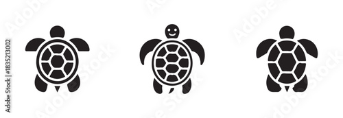 Group of black turtle icons on white background. vector turtle symbols, sea creature, marine animal concepts
