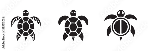 Set of three sea turtle vector icons with detailed shell patterns and unique flipper designs on white isolated background