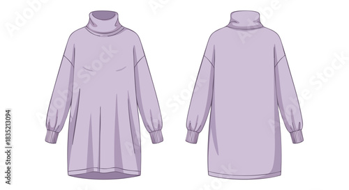 Elegant lilac turtleneck dress with front and back view showcase, creating a simple yet refined apparel illustration highlighting contemporary