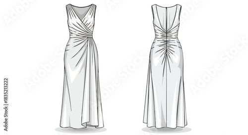 Illustrative presentation of an elegant evening gown with graceful draping and a flattering silhouette showcased from both the front and rear