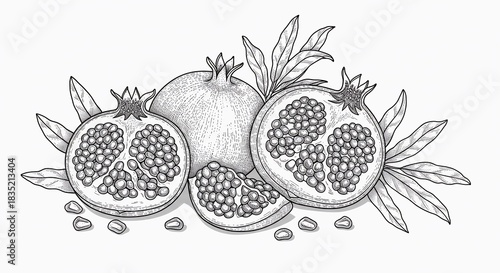 Pomegranate Illustration Whole, Sliced Fruit with Seeds and Leaves