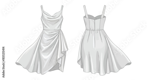 Elegant draped white dress design front and back view for fashion illustration or textile pattern anticipation
