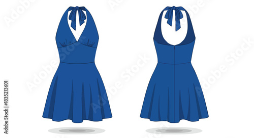 Charming Blue Halter Dress Illustration with Bow Tie Detail and Flared Skirt Fashion Presentation