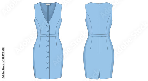 Technical blueprint showcasing a light blue tailored sheath dress with front button closure and back slit designed for fashion and garment industry