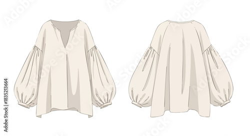 Fashionable linen blouse with balloon sleeves design sketch, showcasing front and back views in minimalist style drawing of garment pattern