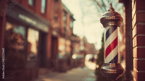 Barber Pole Against Brick Building with Blurred Background