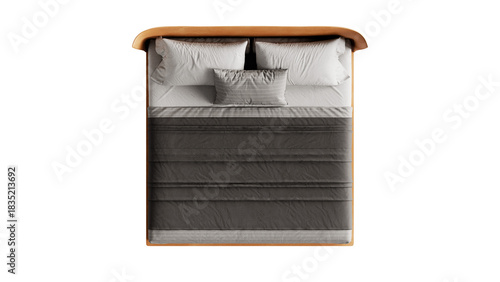 Top view of a modern bed on an isolated background. Furniture for collages, graphics designs, and presentations.
