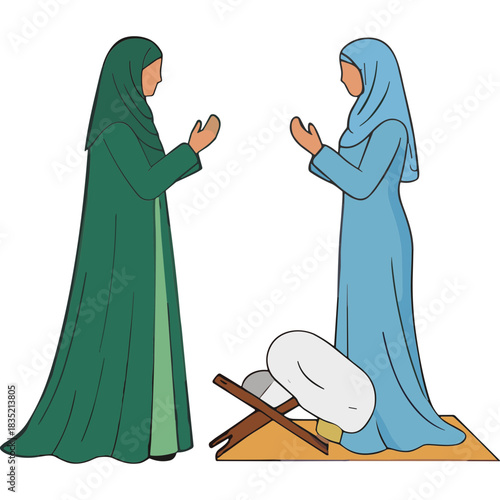 Two Muslim Women in Traditional Hijab and Abaya Praying Together on Prayer Mats with a Quran Stand in a Simple Interior Setting