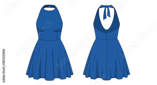 Stylish blue halter dress design showcasing a modern and fashionable apparel illustration for garment design
