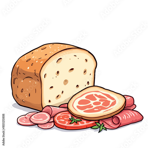 Vsai bread loaf with sliced ham and fresh tomatoes