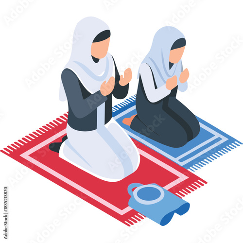 Two Muslim Women Wearing Hijabs Praying on Prayer Rugs in a Calm Indoor Setting With Subtle Lighting and Traditional Attire