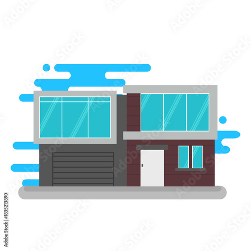 Large modern residence with wide glass walls, dark exterior elements, and clean horizontal lines in flat vector art.