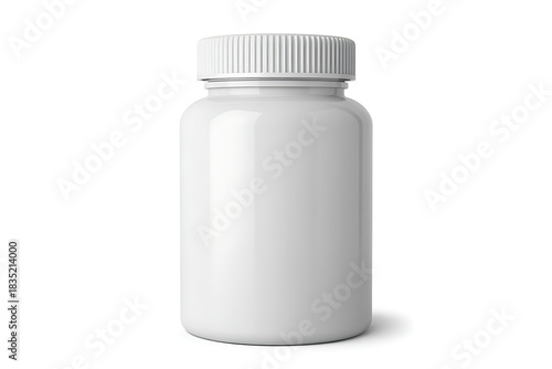 Blank white plastic bottle with a ribbed screw cap, perfect for pills, vitamins, or supplements, isolated on white background