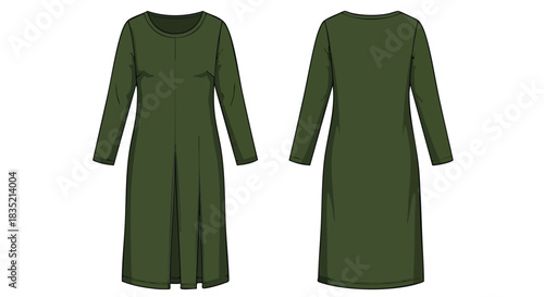 Technical drawing showcasing an olive green midi dress with a round neckline and long sleeves, illustrating front and back views in precise detail
