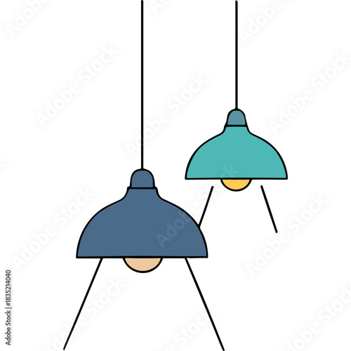Two Pendant Lamps One Blue One Teal Illuminated With Warm Light Against A Black Background Featuring Simple Modern Design And Clean Lines
