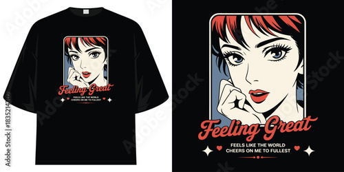 feeling great slogan retro pop art graphic tee shirt with  and anime style woman t shirt design vector illustration artwork
