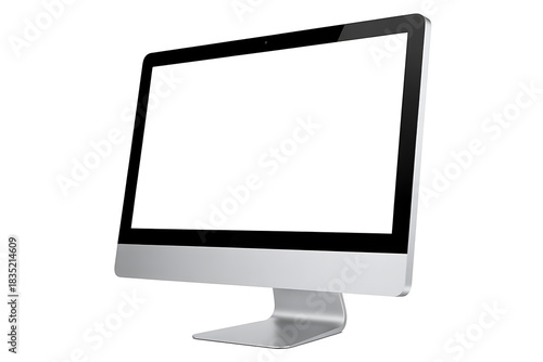 Modern silver desktop computer monitor with a blank white screen, angled view, isolated on white background