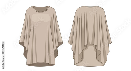 Flowing silhouette poncho technical drawing, showcasing elegant draping and soft fabric for fashion design presentations