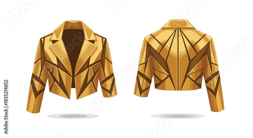 Front and Back Views of a Geometric Patterned Golden Jacket for Fashion Design Presentation