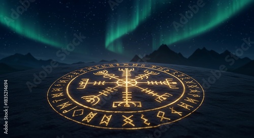 Vegvisir Compass Glowing Under Northern Lights