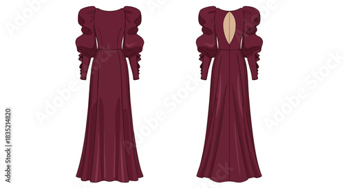 Elegant plum-colored gown with distinctive puff sleeves, backless design showcasing modern couture and vintage inspiration reflecting sophisticated