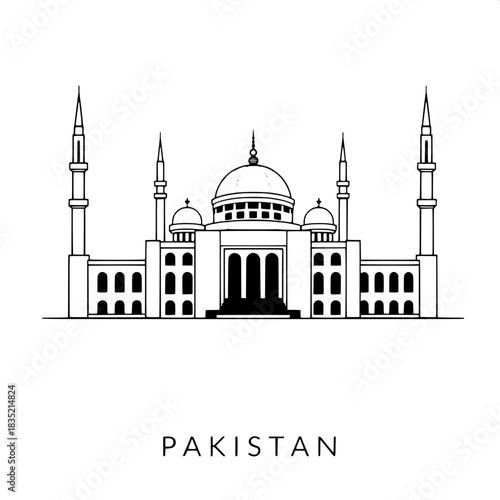 Modern minimalist poster of Shah Faisal Mosque with precise black linework, symmetrical layout, four slender minarets, a large triangular roof, and bold uppercase text PAKISTAN in a clean sans-serif f