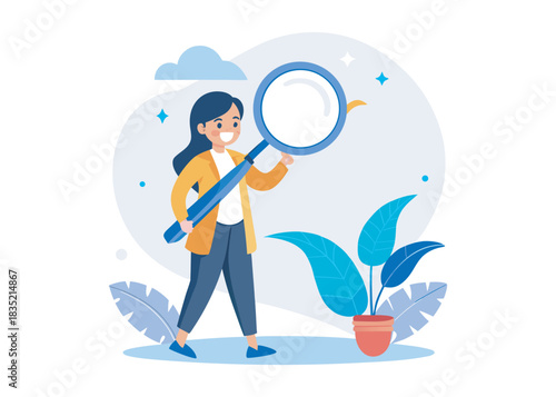 Girl looking at tooth through magnifier flat vector illustration. Female character brushing huge tooth, taking care of dental health. Hygiene concept for banner, website design or landing web page