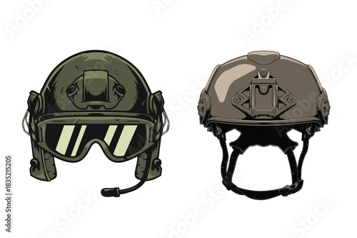 Tactical Helmets Two Detailed Illustrations of Military Protective Gear for Combat and Safety