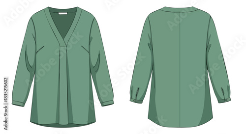 Technical fashion sketch showcasing a front and back view of a long-sleeved blouse in a soft green hue on a clean white background