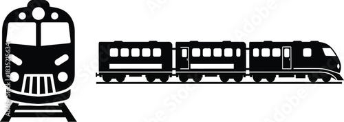 Train icon set front and side view of a locomotive and passenger cars