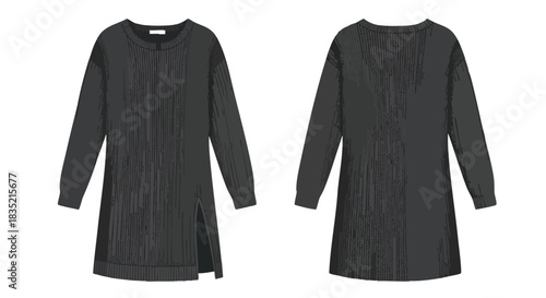Illustration of a long-sleeved dress featuring a side slit, displayed both in its front and back views on a clean white backdrop