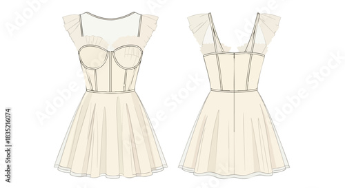 Elegant vintage-inspired dress design technical drawing showcasing front and back views for fashion illustration and apparel creation