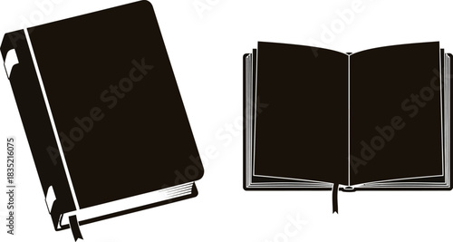 Two black notebooks one closed and one open minimalist illustration
