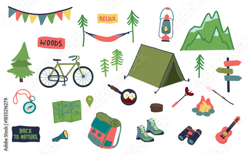 Camping Adventure Vector Set with Tent, Campfire, Hiking Gear, Forest Trees, Bike, Backpack, Boots, Map, Lantern, Hammock and Outdoor Travel Elements for Summer Nature Exploration