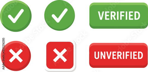 Verified and unverified icons checkmarks and crosses for confirmation and rejection