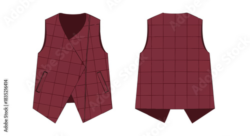Maroon plaid vest design showcasing front overlapping panel with pockets and rear view presentation elegant tailoring with grid pattern