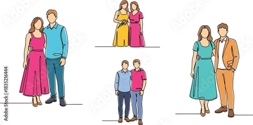 Collection of couples in stylish outfits standing together on white background