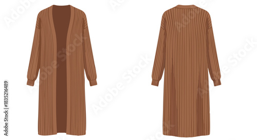 Elegant longline cardigan design with front and back views showcased on a seamless white background for fashion visualization