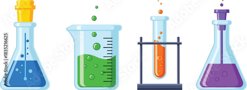 Colorful chemistry lab equipment with liquids and bubbles on white background