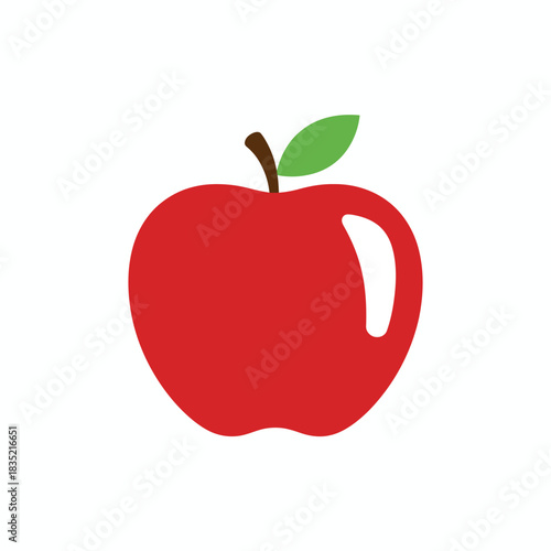 A bright red stylized apple illustration with a brown stem and green leaf