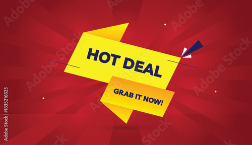 Hot Deal Grab It Now Editable EPS Format Web Banner Vector Art Illustration Template Design Yellow Orange Gradient Shapes Deep Blue Bold Font Red Gradient Abstract Illustration Sunshine Background 4K 