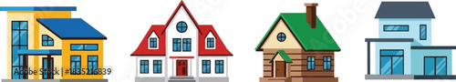 Diverse collection of cartoon houses representing different architectural styles and home designs