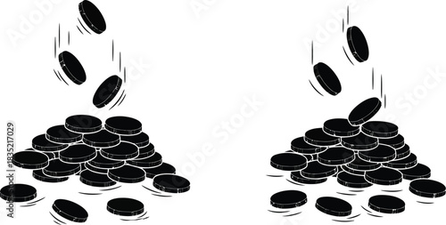 Falling coins creating piles black and white simple illustration