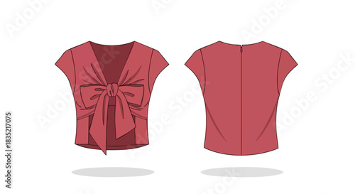 Elegant front and back view of a women's blouse with tied bow, perfect for fashion design and style guide illustrations showcasing modern elegance