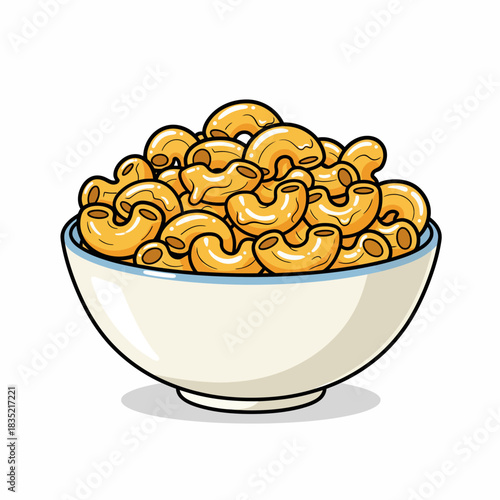 A full bowl of cartoon macaroni and cheese with thick black outlines