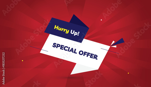 Special Offer Editable EPS Format Web Banner Vector Art Illustration Template Design White Deep Blue Shapes White Yellow Bold Font Red Gradient Abstract Illustration Sun Shine Background 4K Business H