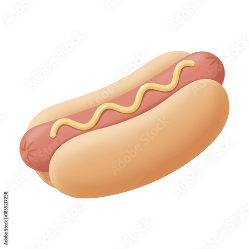 A digitally rendered hot dog on a white background with a squiggle of mustard